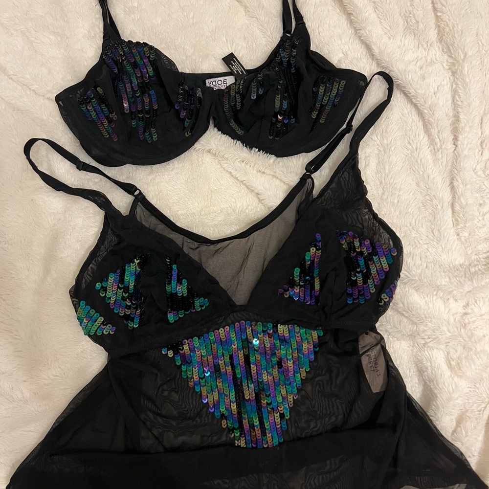 Elegant Black Sequin Lingerie Set Vintage Victoria’s Secret